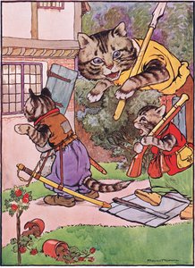 チャールズH.ベネット著、「カエルはウーイングゴー」のイラストが描かれた、子猫を飼っている猫が家まで忍び寄る1916 作： Frank Adams